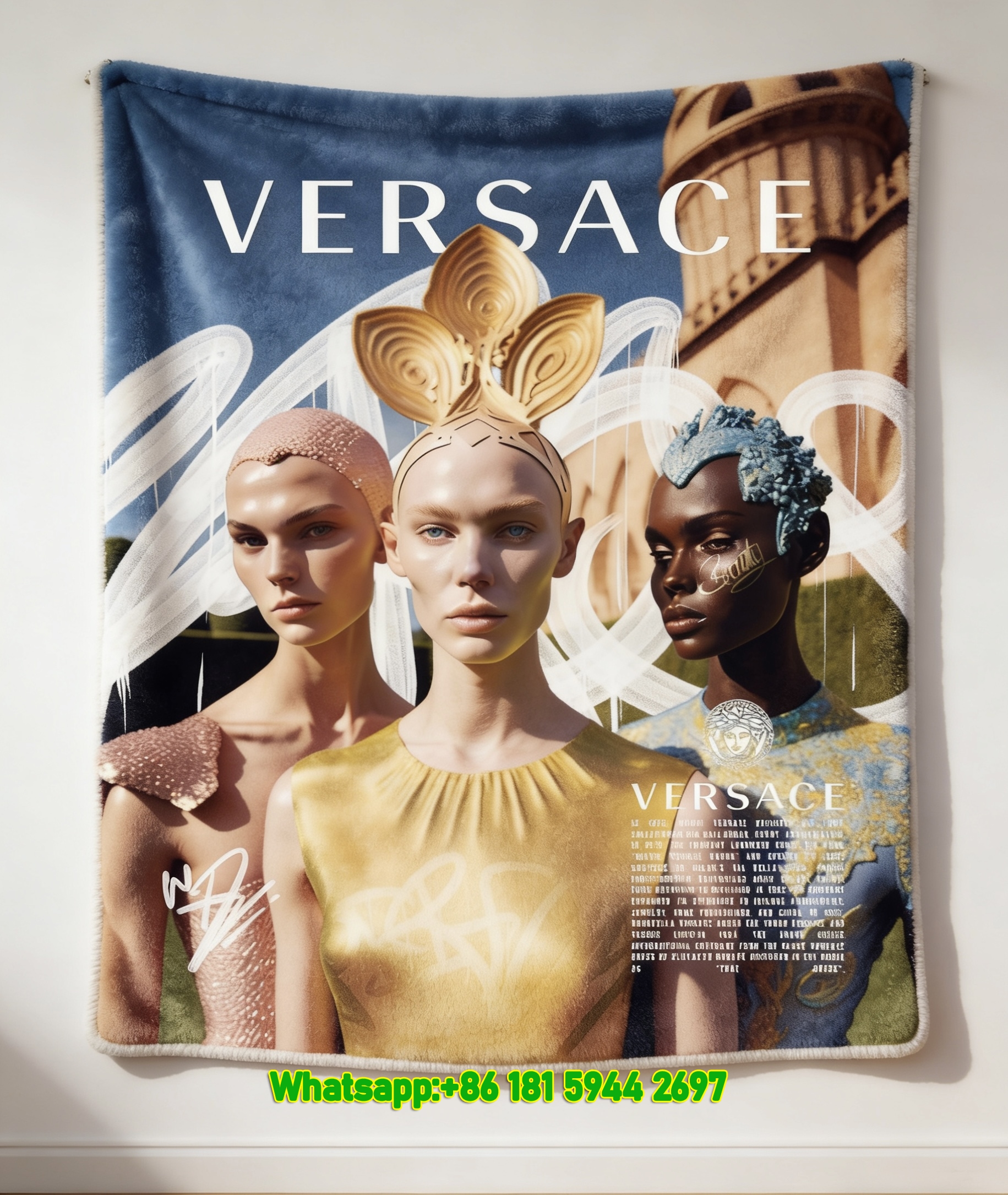 Versace High Fashion Runway Print Flannel Throw Blanket Luxury Gold and Blue Sofa Cover Blanket IMG_1547